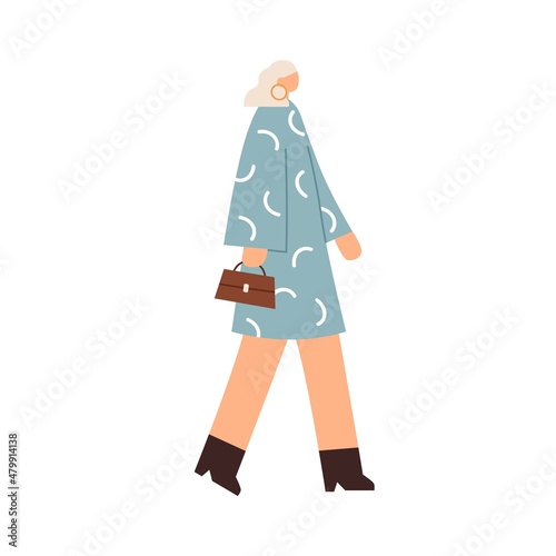 Elegant woman walking, wearing dress, heeled shoes and accessories. Modern female strolling with bag in hand. Side view of faceless lady going. Flat vector illustration isolated on white background