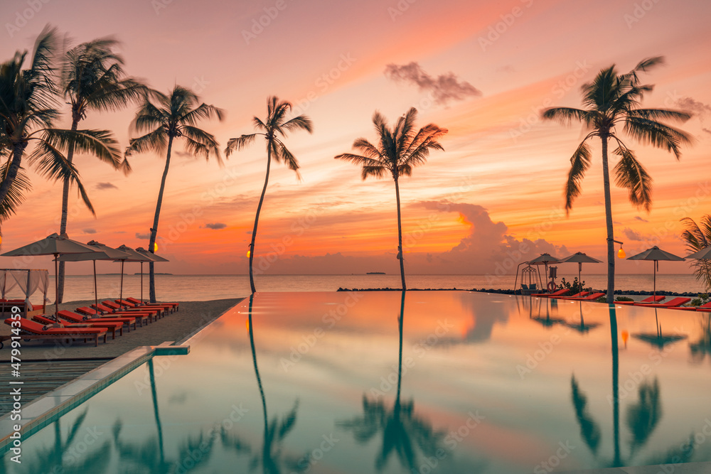 Fantastic poolside, sunset sky, palm trees reflection. Luxury tropical beach landscape, infinity swimming pool, deck chairs and loungers under umbrellas amazing scenic. Vacation resort hotel landscape