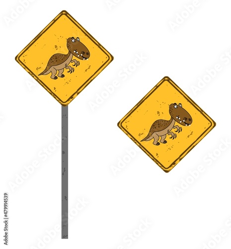 фотографія Square road sign of a brown carnivorous dinosaur with big claws