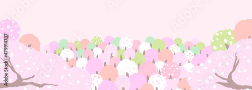 Foto 桜咲く山の風景　ほっこり、はんなりとしたやさしい色使いの背景イラスト