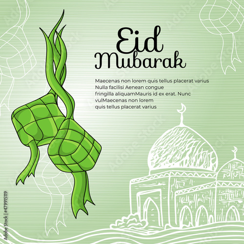 Ramadan greeting card with hand drawn Ketupat, ramadan traditional food illustration