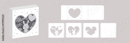 Valentine's day paper carve tunnel card hare with balloon. 3D popup layers card. Modern origami design template. 3d paper lightbox template. Vector stock illustration.