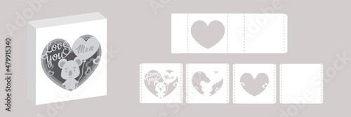 Valentine's day paper carve tunnel card koala with balloon. 3D popup layers card. Modern origami design template. 3d paper lightbox template. Vector stock illustration.