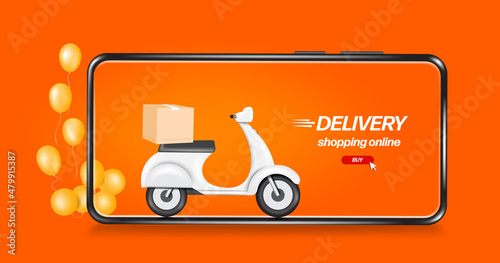 white scooter or motorcycle food delivery parked in front of the smartphone and Behind it, there are yellow balloons floating in mid-air for delivery and online shopping concept,vector 3d 