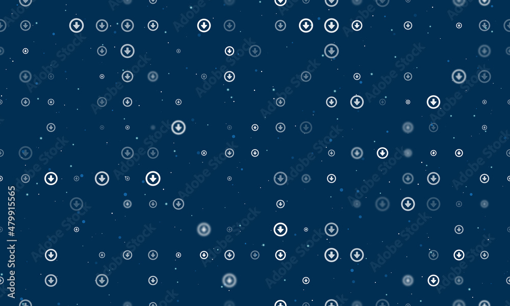 Seamless background pattern of evenly spaced white download symbols of different sizes and opacity. Vector illustration on dark blue background with stars