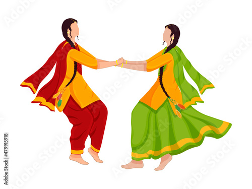 Young Punjabi Girls Doing Giddha Dance On White Background. photo