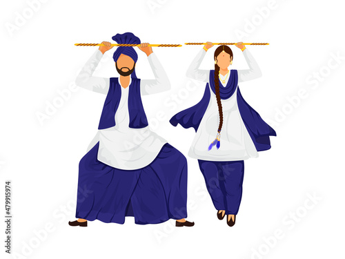 Punjabi Couple Holding Wooden Stick In Traditional Dance.