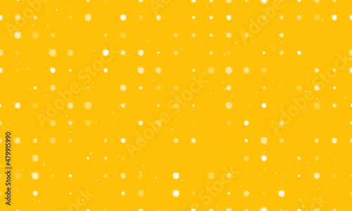 Seamless background pattern of evenly spaced white sea urchin symbols of different sizes and opacity. Vector illustration on amber background with stars