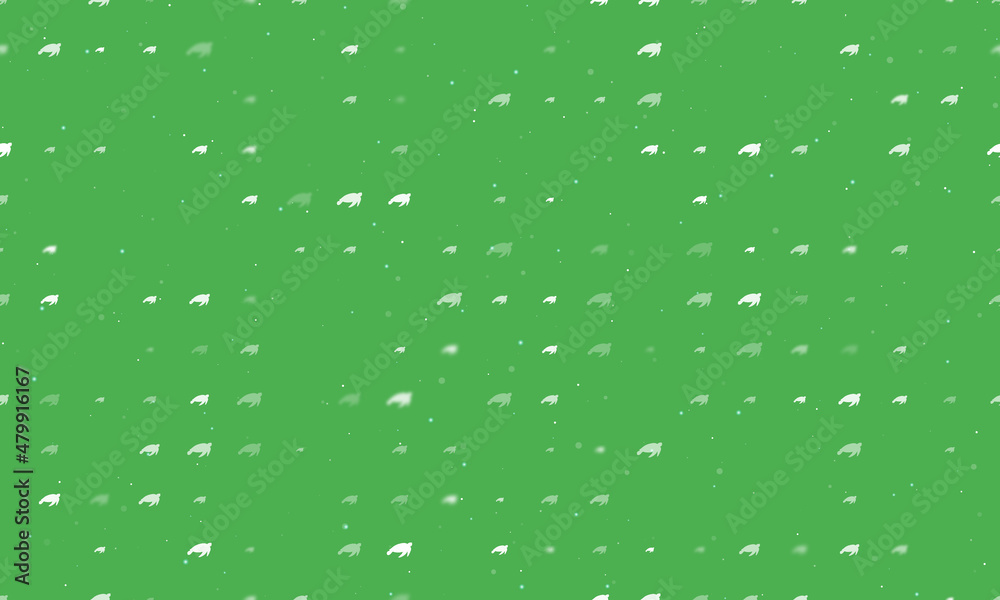 Seamless background pattern of evenly spaced white sea turtle symbols of different sizes and opacity. Vector illustration on green background with stars