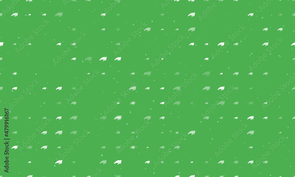 Seamless background pattern of evenly spaced white sea turtle symbols of different sizes and opacity. Vector illustration on green background with stars Seamless background pattern of evenly spaced white sea turtle symbols of different sizes and opacity. Vector illustration on green background with stars