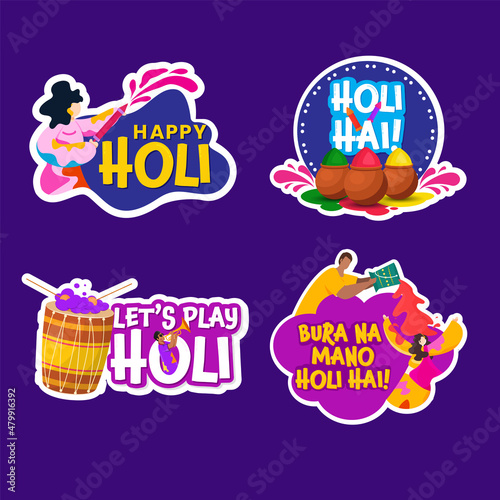 Collection Of Happy Holi Festival Stickers With People Enjoying On Purple Background.