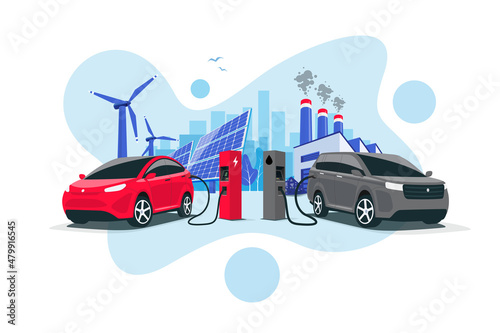 Comparing electric versus gasoline car. Electric car charging at charger vs. diesel vehicle refueling petrol gas station. Renewable clean solar wind energy with old dirty fossil coal power generation.
