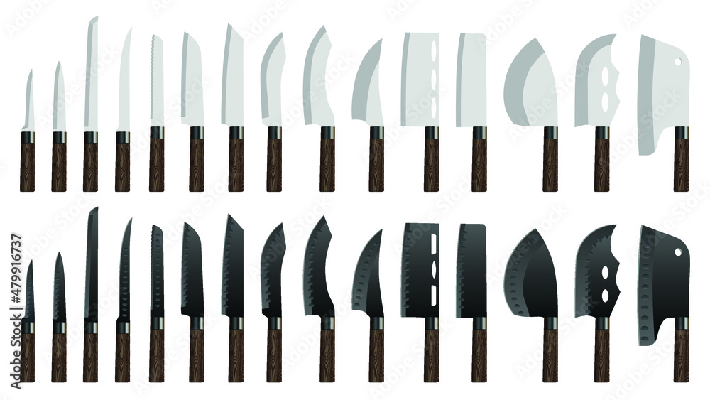 set of realistic kitchen knives isolated on white, Vector illustration, chef knives, Cutlery icon set set of realistic kitchen knives isolated on white, Vector illustration, chef knives, Cutlery icon set