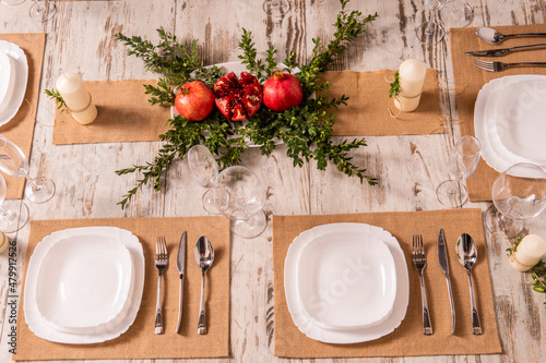 Beautiful table setting with lavender flowers on wooden background