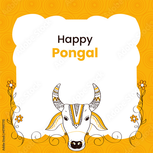 Happy Pongal Concept With Doodle Bull Face, Floral Decorated On White And Yellow Swirl Pattern Background. photo