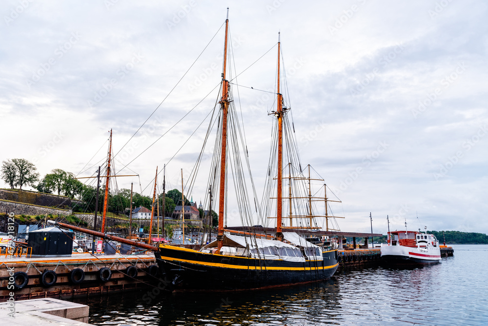 Old Wooden Sailing Ship Moored in the harbour of Oslo