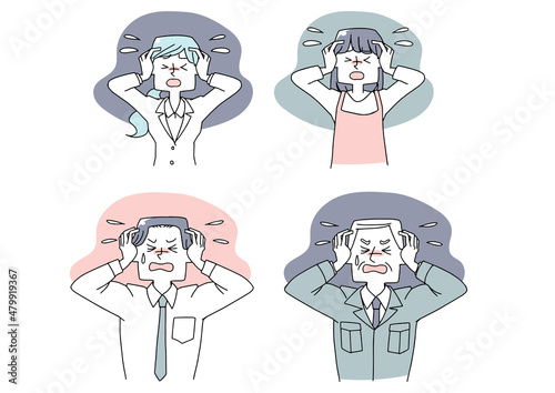 頭を抱えて困り果てる人々のセット　強いストレス状態　白地にベクター　温かみのある手描きの人物イラスト