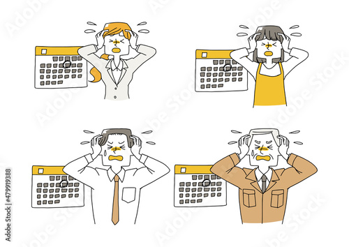 スケジュールに追われる人々　強いストレス状態　白地にベクター　温かみのある手描きの人物イラスト