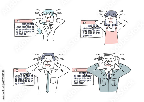 スケジュールに追われる人々　強いストレス状態　白地にベクター　温かみのある手描きの人物イラスト