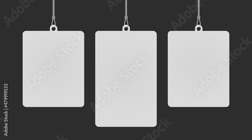 Rectangular dangler hanging from ceiling realistic mockup set. Mock up of advertising promotion pointer for supermarket sale announcement on dark background. Mall store vector illustration