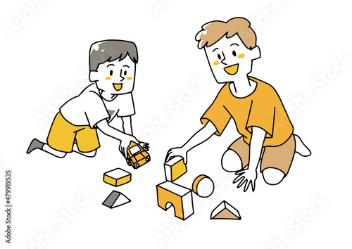 おもちゃで仲良く遊ぶ兄弟　温かみのある手描きの人物イラスト　白バックにベクター