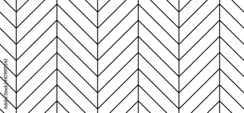 White chevron herringbone parquet floor seamless pattern with diagonal panels. Vector wooden or brick wall texture. Modern interior background. Outline monochrome wallpaper.