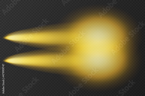 Yellow transparent car headlight top view on dark background. Vector shine beam on night road. Glow effect of LED auto spotlight. Bright vehicle light in nighttime template