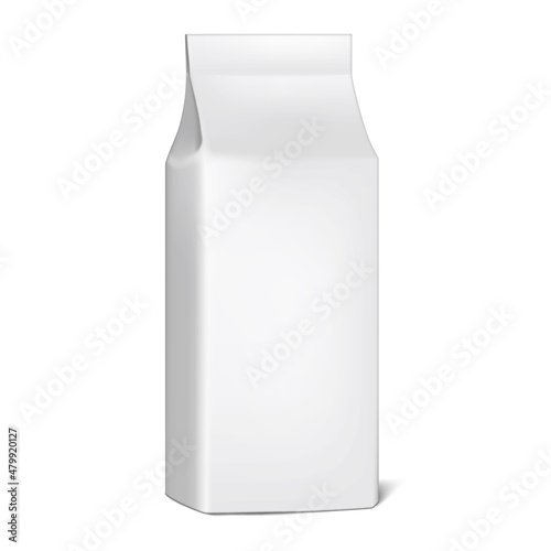 Blank paper gusseted bag vector mockup. White stand-up pouch mock-up. Food snack packaging realistic template