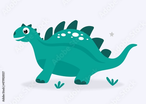 Funny cute dinosaur turquoise on a light background. For textiles, packaging paper, posters, backgrounds, decoration of childrens parties. Vector illustration