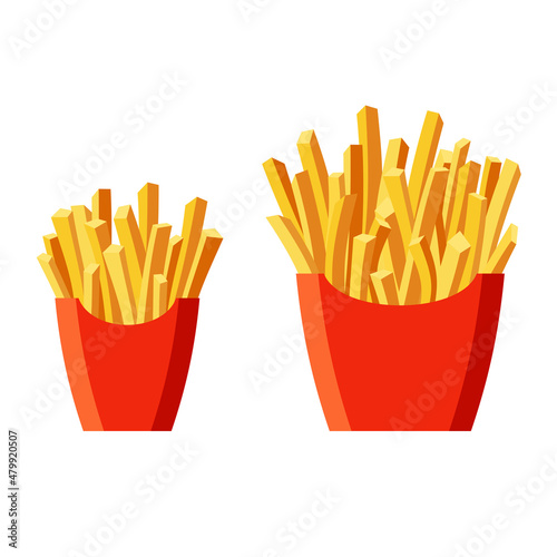 French Fries Potato. Red Package Box. Fast Food Set. Vector