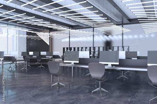 Contemporary concrete coworking office interior with window and bright city view  empty computer screens  equipment  furniture and daylight. 3D Rendering.