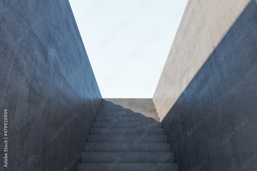 Creative concrete stairs to success with sunlight. Mock up place. Growth and leadership concept. 3D Rendering. Creative concrete stairs to success with sunlight. Mock up place. Growth and leadership concept. 3D Rendering.