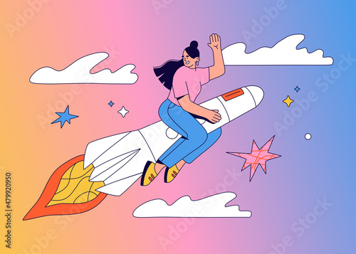 Young girl flying on the rocket in the sky. Start up and boosting new business. Successful woman go for a goal. Hand drawn vector illustration isolated on gradient background. Flat cartoon style.