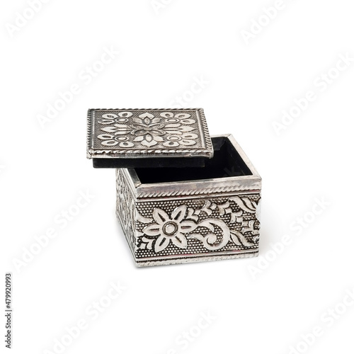 Open silver jewelry box for a gift isolated on a white background. Design element with clipping path