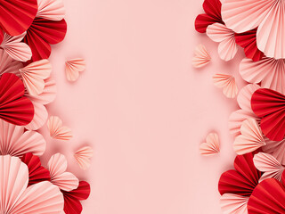Sweet love background for wedding or Valentine day with gentle pink and red paper hearts flying on pink backdrop, sideways border, frame,  top view, copy space.