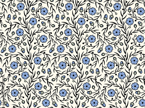 Flax field. Seamless pattern with stylized blooming flax flowers. Vector illustration, pattern swatch included.