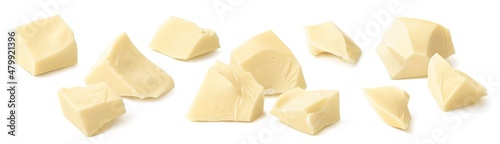 Broken white chocolate pieces isolated on white background. Set for package design.