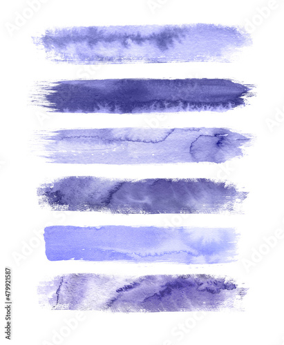 Watercolor Very Peri brush strokes isolated on white background. Abstract collection, elements for design.
