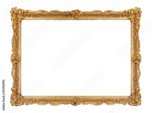 Golden frame for paintings, mirrors or photo isolated on white background