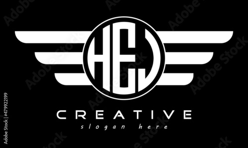 HEJ three letter monogram type circle letter logo with wings vector template.