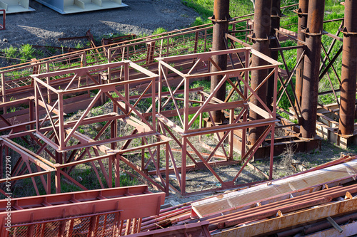 Disassembled temporary supports and scaffolding at the construction site.