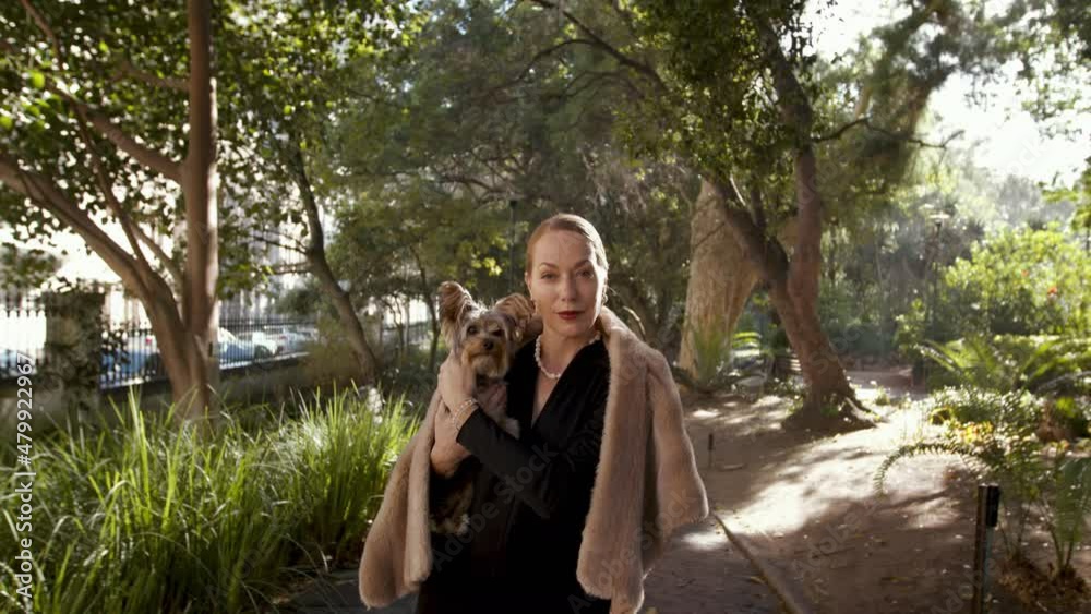 Video portrait of a mature wealthy woman standing in a pet-friendly park with her dog. Rich pet owner looking at the camera while carrying her dog. Video portrait of a mature wealthy woman standing in a pet-friendly park with her dog. Rich pet owner looking at the camera while carrying her dog.
