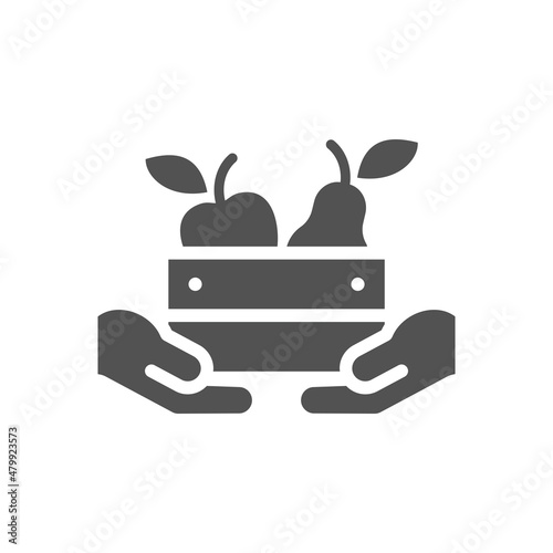 Hands holding farm food crate vector icon. Pear and apple groceries in basket, healthy vegan eating filled symbol.