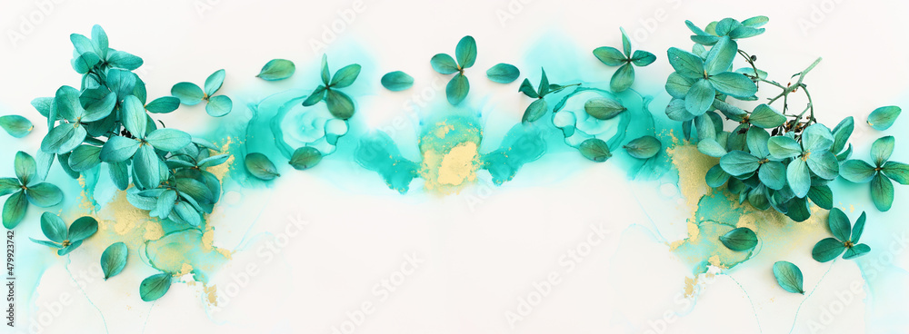 Creative image of emerald and green Hydrangea flowers on artistic ink background. Top view with copy space - obrazy, fototapety, plakaty 