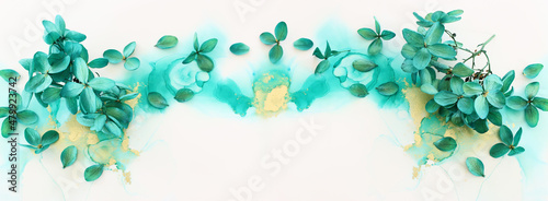 Canvas Creative image of emerald and green Hydrangea flowers on artistic ink background