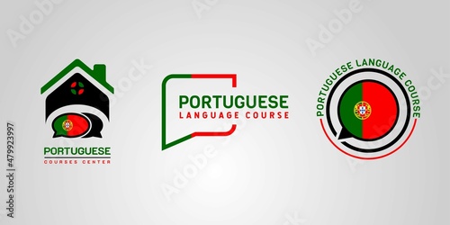 Learning Portuguese Language Class Logo. The language exchange program, forum, speech bubble, and international communication sign. With Portugal Flag