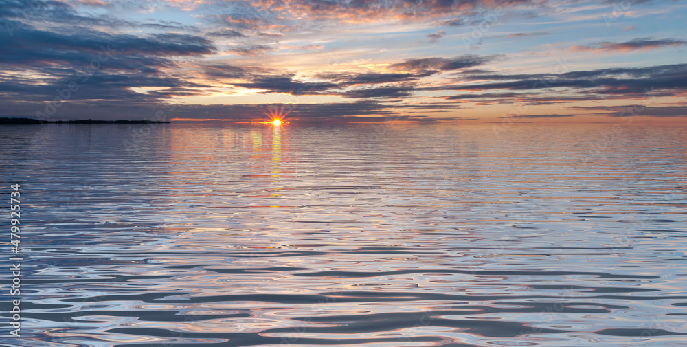 Sunset in water surface with waves under cloudy sky landscape