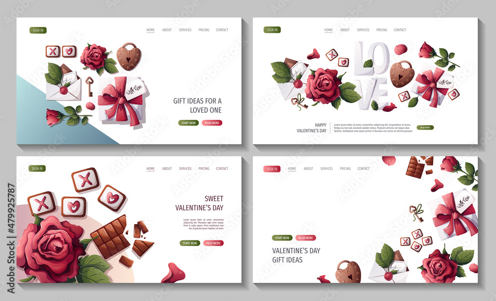 Set of web pages for Happy Valentine's Day with Gift box, rose, petals, love letter, lock and key. Romance, Love, Wedding concept. Vector illustration for poster, banner, website, advertising.