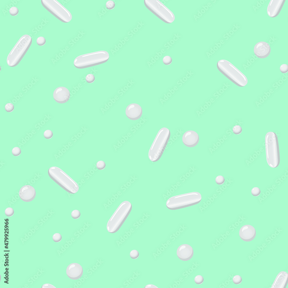 White pills on a colored background. Pattern. White pills on a colored background. Pattern.