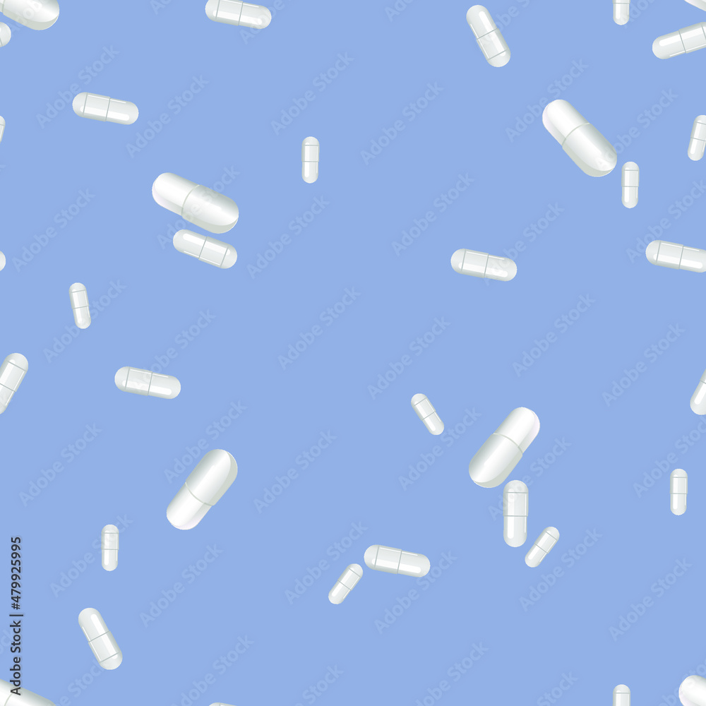 White pills on a colored background. Pattern. White pills on a colored background. Pattern.